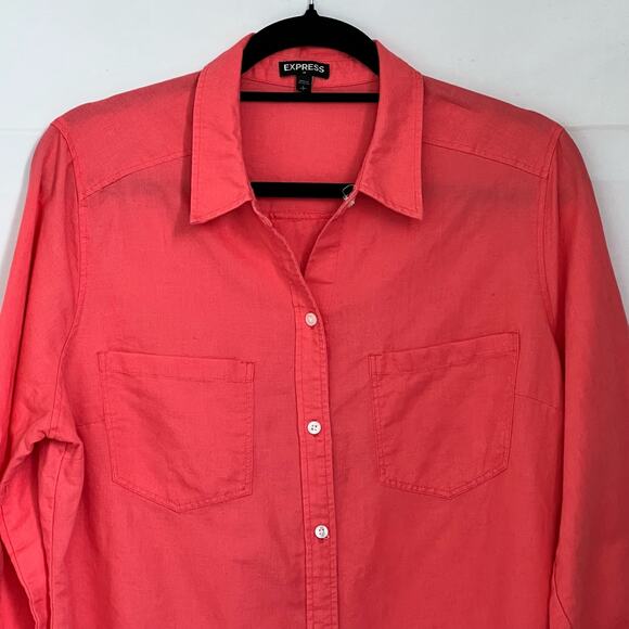 EXPRESS Women's Top Size Large Orange Linen Blend Button Down Long Sleeve - Picture 8 of 11